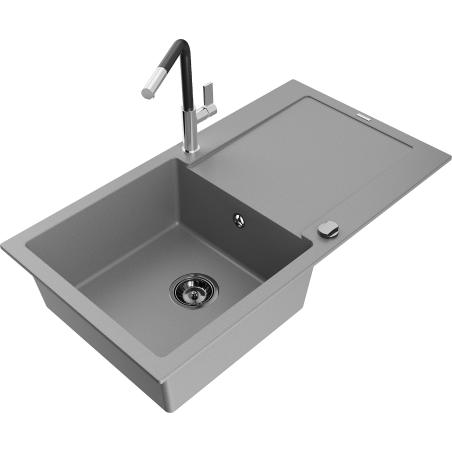 Mexen Leo fregadero de granito de 1 cubeta con escurridor y grifo de cocina Flora, gris - 6501-71-670401-07-B
