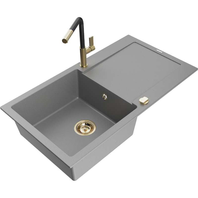 Mexen Leo lava-louça de granito de 1 pia com escorredor e torneira de cozinha Flora, cinza - 6501-71-670401-57-G