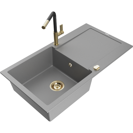 Mexen Leo 1-bowl granite sink with drainer and Flora kitchen faucet, gray - 6501-71-670401-57-G