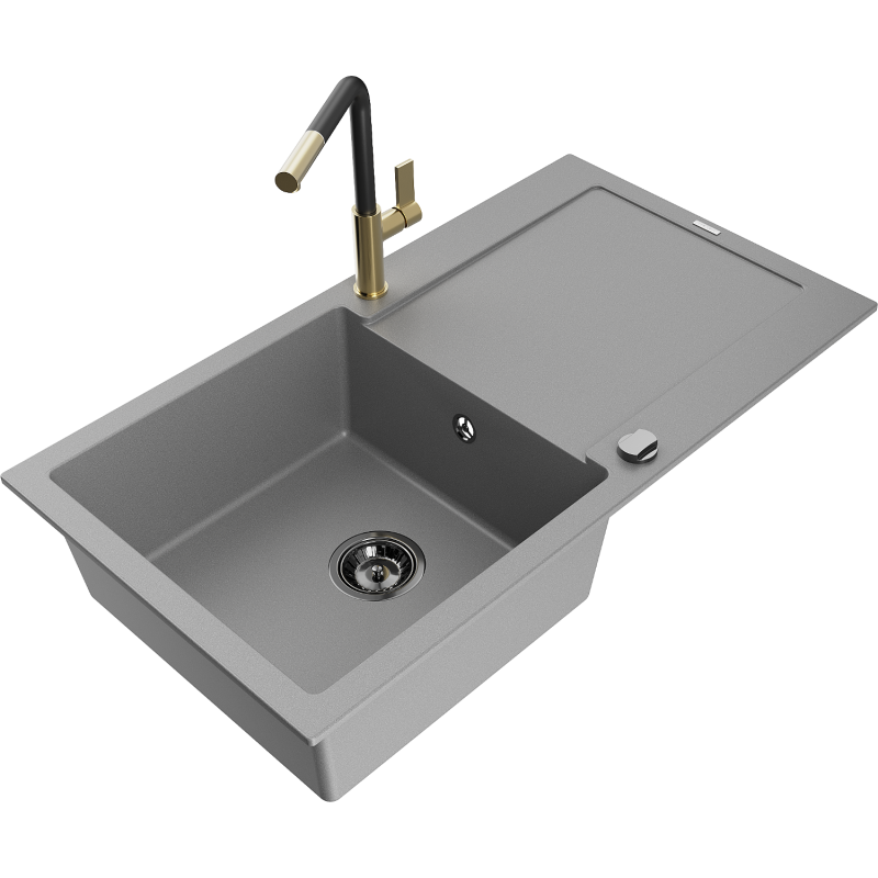 Mexen Leo fregadero de granito de 1 cubeta con escurridor y grifo de cocina Flora, gris - 6501-71-670401-57-B