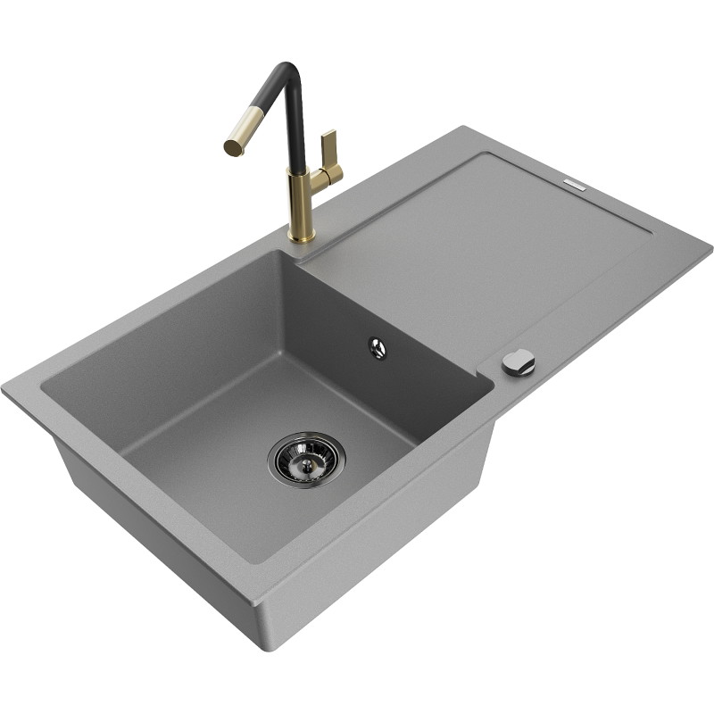 Mexen Leo granit gootsteen 1-kamer met afdruiprek en keukenmengkraan Flora, grijs - 6501-71-670401-57-B
