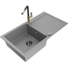 Mexen Leo single-bowl granite sink with drainer and Flora kitchen tap, grey - 6501-71-670401-57-B
