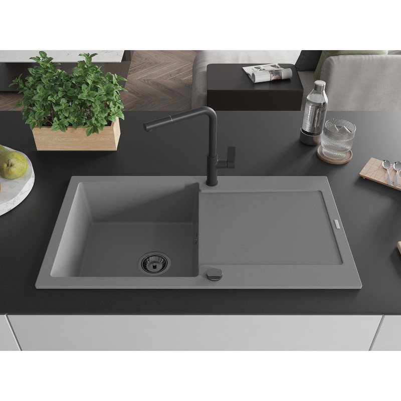 Mexen Leo Granitspüle 1-Kammer mit Abtropffläche und Küchenarmatur Flora, grau - 6501-71-670401-70-B