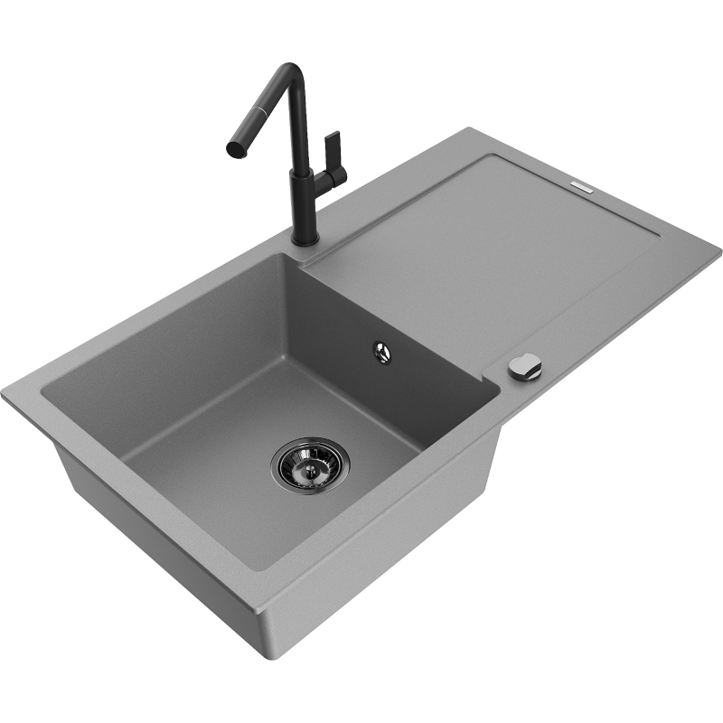 Mexen Leo granite single-bowl kitchen sink with drainer and Flora kitchen tap, grey - 6501-71-670401-70-B