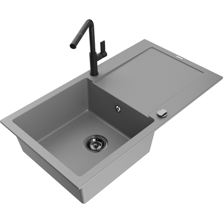 Mexen Leo évier en granit 1 bac avec égouttoir et robinet de cuisine Flora, gris - 6501-71-670401-70-B