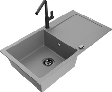 Mexen Leo granite single-bowl kitchen sink with drainer and Flora kitchen tap, grey - 6501-71-670401-70-B