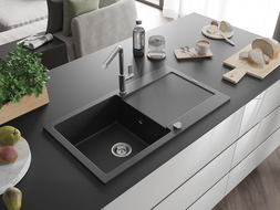 Mexen Leo 1-Komeren Granitspullsteen mat Ofleetrillen a Kichenbatterie Flora, schwaarz/sëlwer Metalesch - 6501-73-670401-00