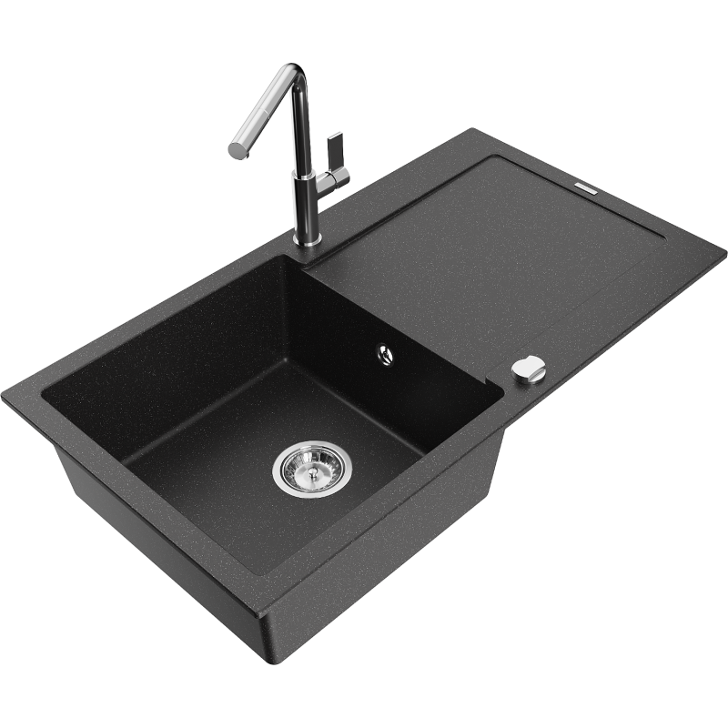 Mexen Leo granieten spoelbak 1-komerig met afdruiprek en keukenkraan Flora, zwart/zilveren metallic - 6501-73-670401-00