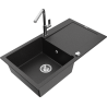 Mexen Leo granieten spoelbak 1-komerig met afdruiprek en keukenkraan Flora, zwart/zilveren metallic - 6501-73-670401-00