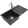 Mexen Leo granieten spoelbak met 1 bak, afdruiprek en keukenkraan Flora, zwart/zilver metallic - 6501-73-670401-00