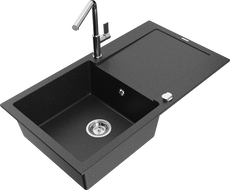 Mexen Leo 1-bowl granite sink with drainer and kitchen faucet Flora, black/silver metallic - 6501-73-670401-00