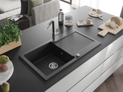 Mexen Leo Granitspüle 1-beckig mit Abtropffläche und Küchenarmatur Flora, schwarz/silber metallic - 6501-73-670401-07