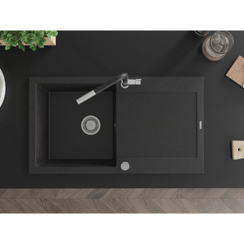 Mexen Leo Granit-Ëvier mat 1-Chamber mat Ofleed mat Kiche-Kran Flora, schwaarz/sëlwer metallic - 6501-73-670401-07