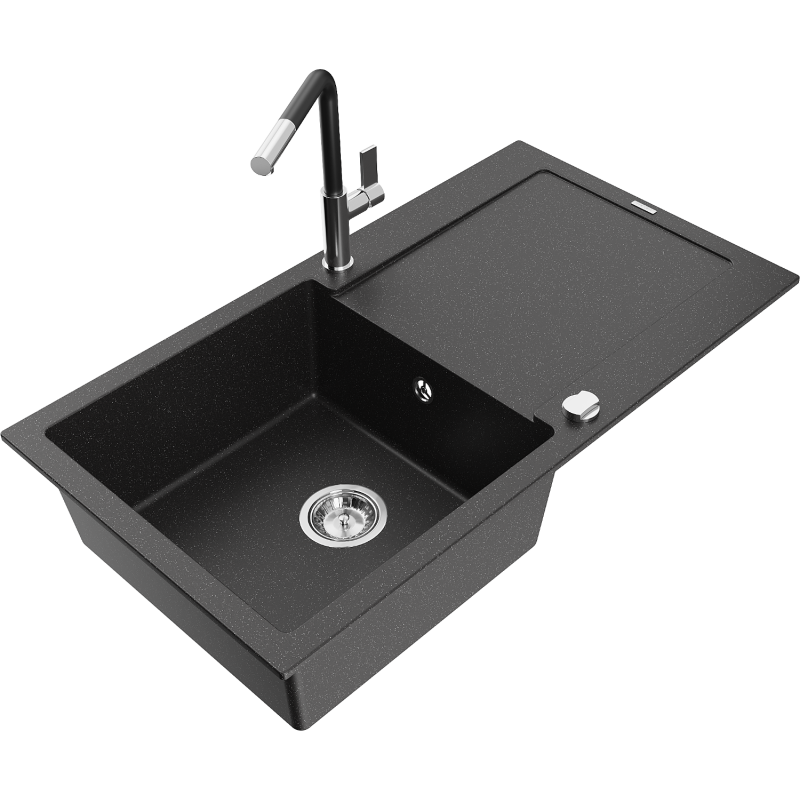 Mexen Leo lavello in granito a 1 vasca con sgocciolatoio e rubinetto da cucina Flora, nero/argento metallizzato