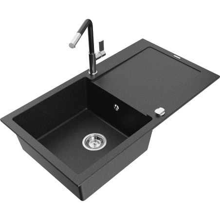 Mexen Leo fregadero de granito de 1 seno con escurridor y grifo de cocina Flora, negro/plateado metálico - 6501-73-670401-07