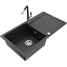 Mexen Leo granite sink 1-bowl with drainer and Flora kitchen tap, black/silver metallic - 6501-73-670401-07