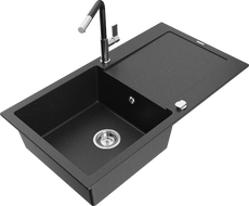 Mexen Leo granite single-bowl sink with drainer and Flora kitchen faucet, black/silver metallic - 6501-73-670401-07