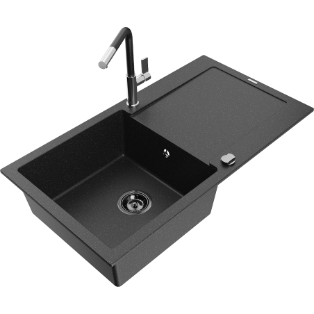 Mexen Leo Granitspüle 1-beckig mit Abtropffläche und Küchenarmatur Flora, schwarz/silber metallic - 6501-73-670401-07-B