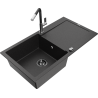 Mexen Leo granite kitchen sink 1-bowl with drainer and Flora kitchen faucet, black/silver metallic - 6501-73-670401-07-B