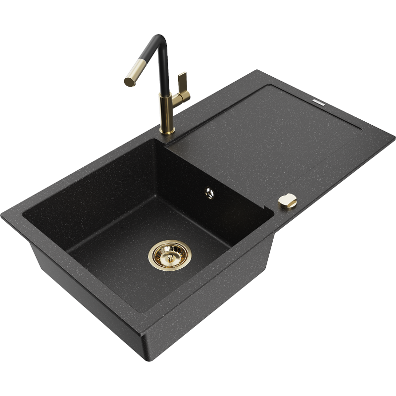 Mexen Leo 1-bowl granite sink with drainer and Flora kitchen tap, black/silver metallic - 6501-73-670401-57-G