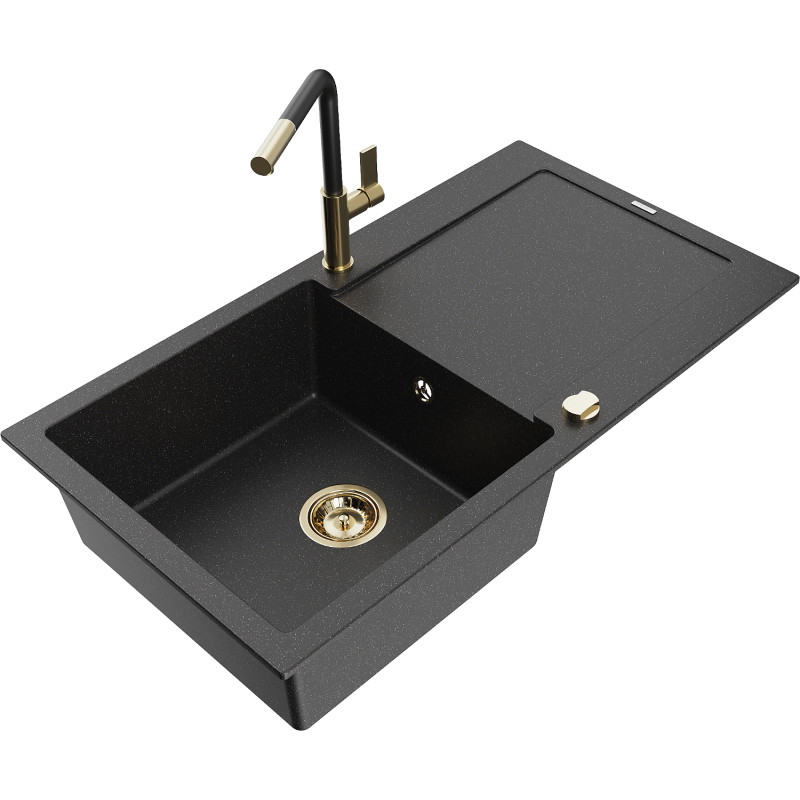 Mexen Leo fregadero de granito de 1 compartimento con escurridor y grifo de cocina Flora, negro/metálico plateado