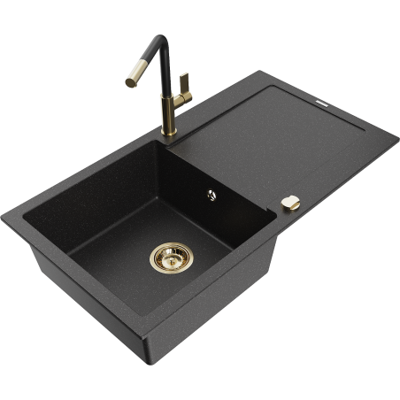 Mexen Leo fregadero de granito de 1 compartimento con escurridor y grifo de cocina Flora, negro/metálico plateado
