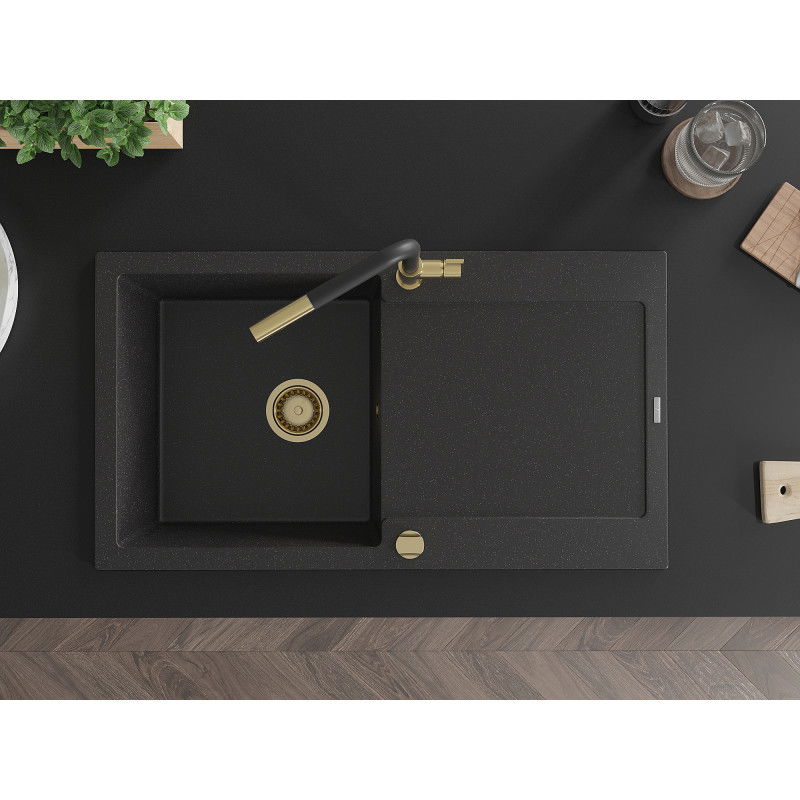 Mexen Leo granieten spoelbak 1-komer met afdruipplaat en keukenmengkraan Flora, zwart/zilver metallic - 6501-73-670401-57-G