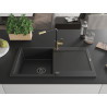 Mexen Leo évier en granit 1 cuve avec égouttoir et robinet de cuisine Flora, noir/argent métallisé - 6501-73-670401-57-B