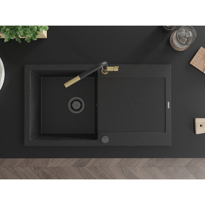 Mexen Leo évier de cuisine en granit 1 bac avec égouttoir et mitigeur Flora, noir/argent métallisé - 6501-73-670401-57-B