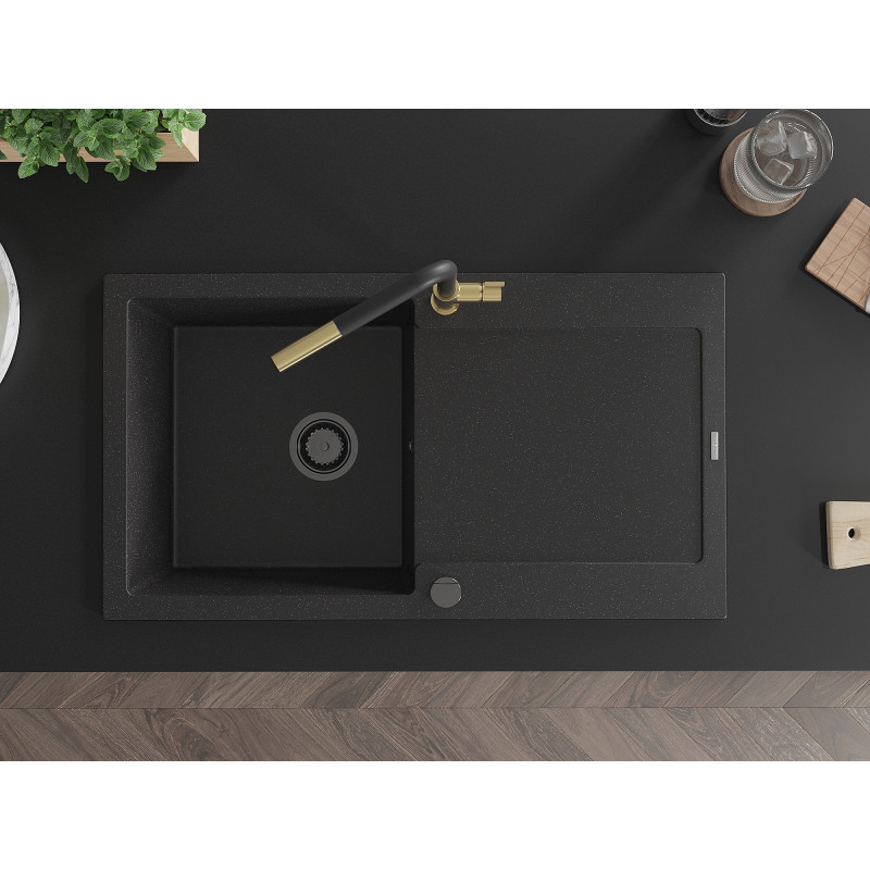 Mexen Leo granieten spoelbak 1-kamer met afdruiprek en keukenmengkraan Flora, zwart/zilver metallic - 6501-73-670401-57-B