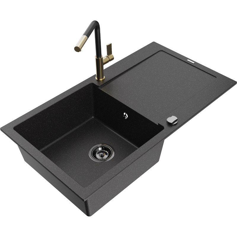 Mexen Leo Granitspüle 1-Becken mit Abtropffläche und Küchenarmatur Flora, schwarz/silber metallic - 6501-73-670401-57-B
