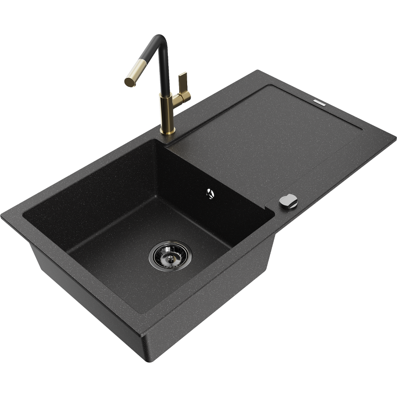 Mexen Leo lava-louça de granito 1-cuba com escorredor e torneira de cozinha Flora, preto/prateado metálico
