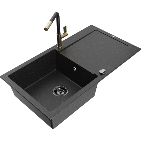 Mexen Leo Granitspüle 1-Becken mit Abtropffläche und Küchenarmatur Flora, schwarz/silber metallic - 6501-73-670401-57-B