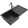 Mexen Leo Granitspüle 1-Becken mit Abtropffläche und Küchenarmatur Flora, schwarz/silber metallic - 6501-73-670401-57-B