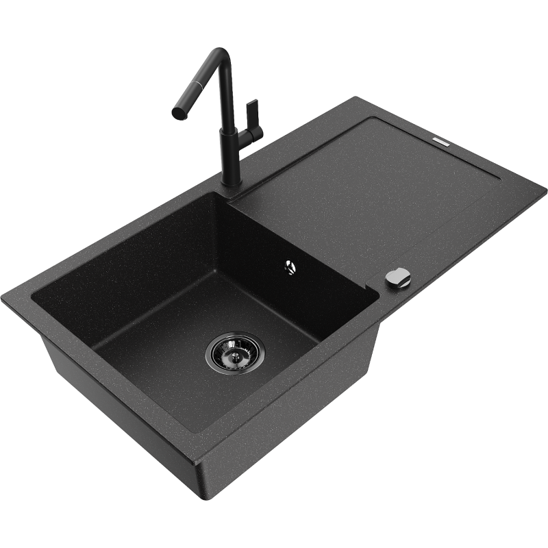 Mexen Leo 1-bowl granite sink with drainer and Flora kitchen tap, black/silver metallic - 6501-73-670401-70-B
