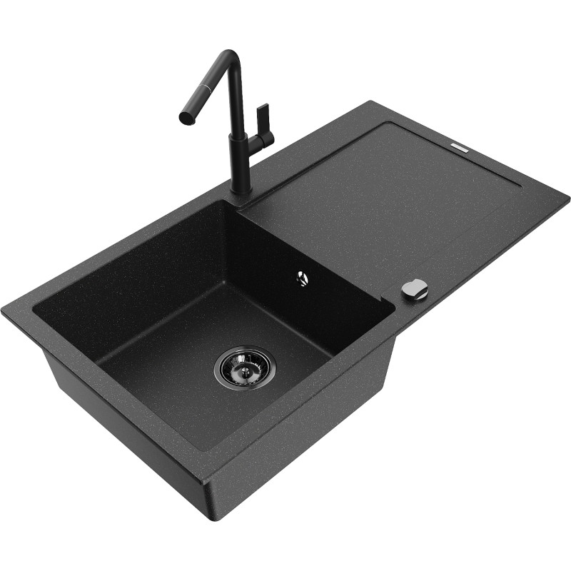 Mexen Leo granit aanrechtblad met 1 bak en drainer en keukenmengkraan Flora, zwart/zilveren metallic - 6501-73-670401-70-B