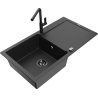 Mexen Leo 1-bowl granite sink with drainer and Flora kitchen tap, black/silver metallic - 6501-73-670401-70-B