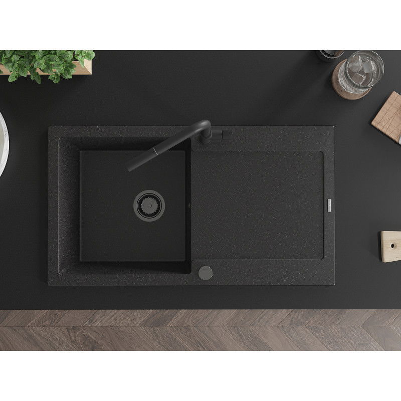 Mexen Leo 1-bowl granite sink with drainer and Flora kitchen tap, black/silver metallic - 6501-73-670401-70-B