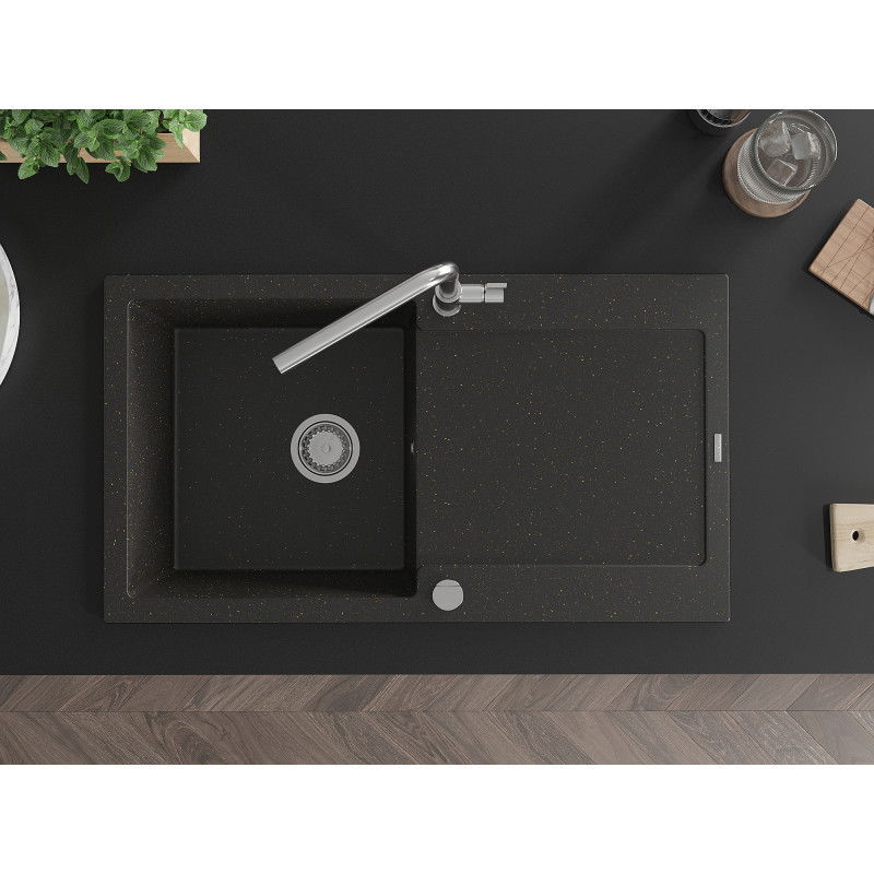 Mexen Leo granieten spoelbak 1-komerig met afdruiprek en keukenkraan Flora, zwart/goud metallic - 6501-75-670401-00