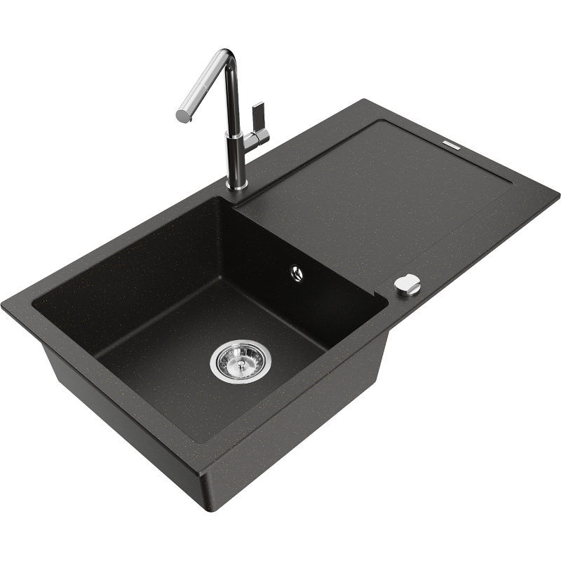 Mexen Leo granieten spoelbak 1-komerig met afdruiprek en keukenkraan Flora, zwart/goud metallic - 6501-75-670401-00
