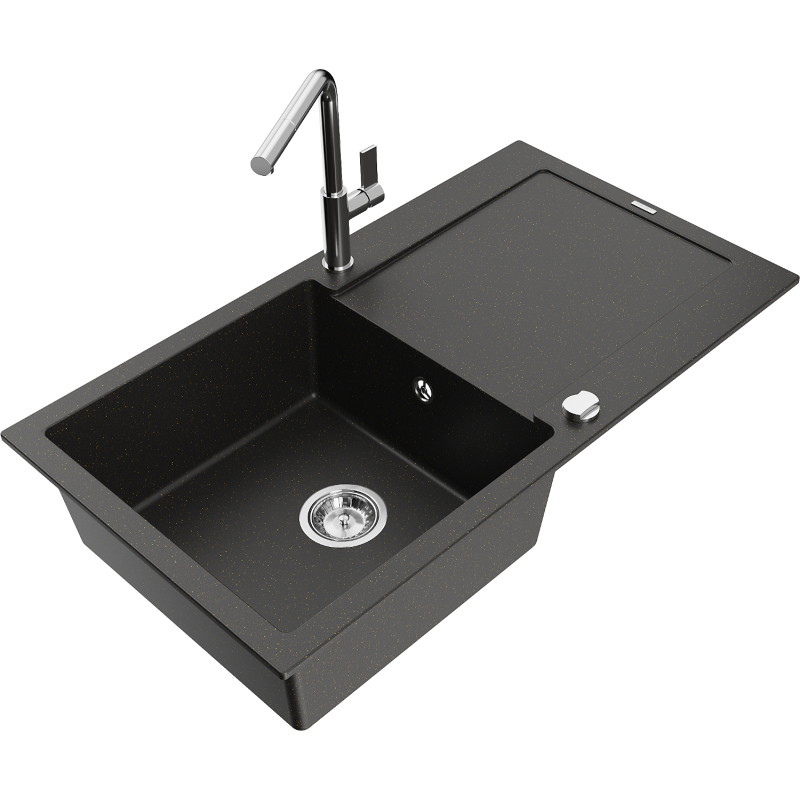 Mexen Leo Lavello in granito a 1 vasca con scolapiatti e rubinetto da cucina Flora, nero/oro metallico - 6501-75-670401-00