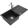 Mexen Leo 1-bowl granite sink with drainer and Flora kitchen faucet, black/gold metallic - 6501-75-670401-00