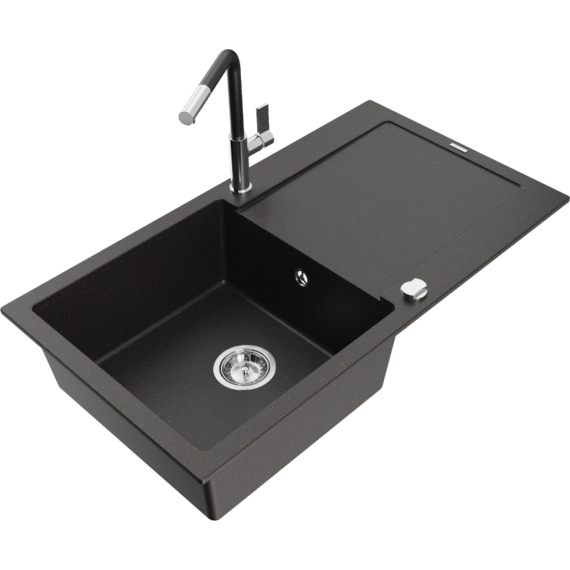 Mexen Leo fregadero de granito de 1 cubeta con escurridor y grifo de cocina Flora, negro/oro metálico - 6501-75-670401-07