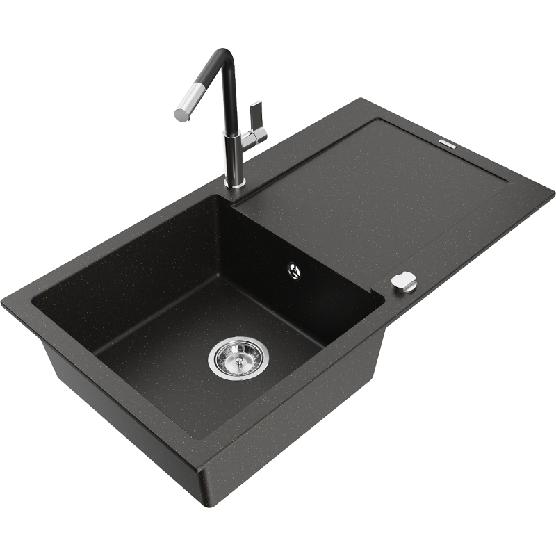 Mexen Leo lava-loiça de granito de 1 cubas com escorredor e torneira de cozinha Flora, preto/dourado metálico