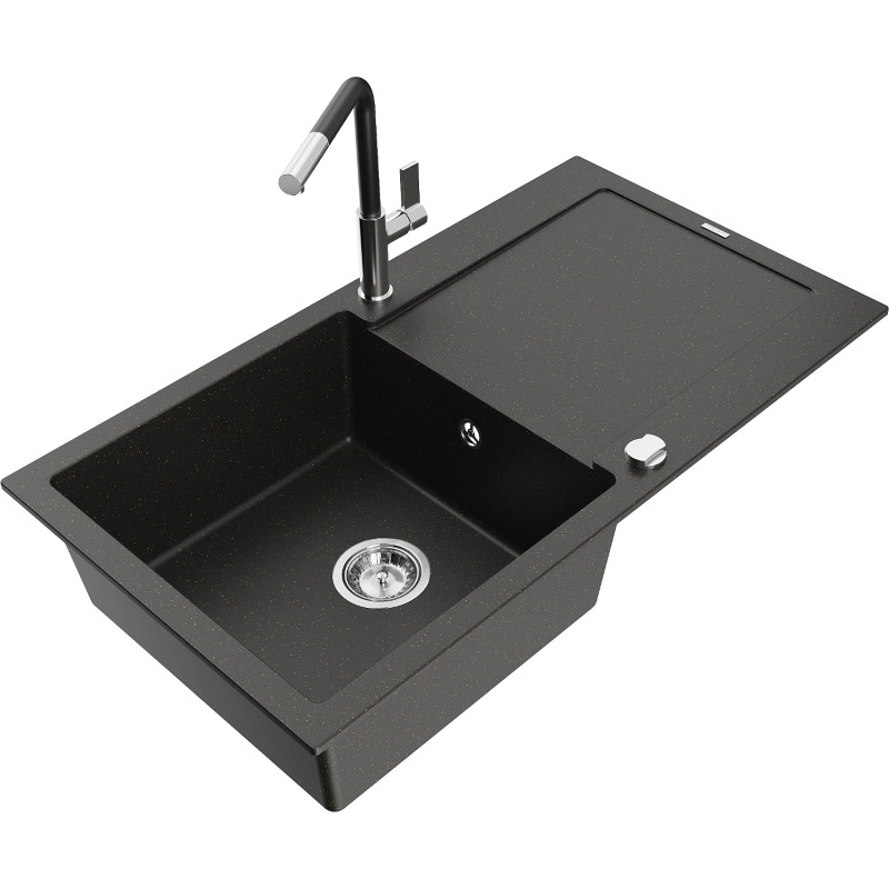 Mexen Leo lavello da cucina in granito 1-vasca con scolapiatti e miscelatore Flora, nero/oro metallizzato - 6501-75-670401-07