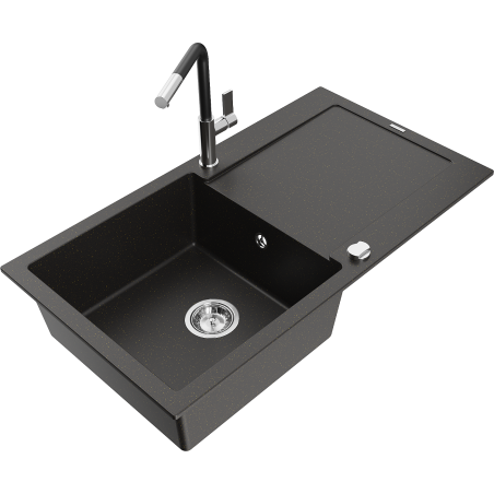 Mexen Leo fregadero de granito de 1 cubeta con escurridor y grifo de cocina Flora, negro/dorado metálico - 6501-75-670401-07