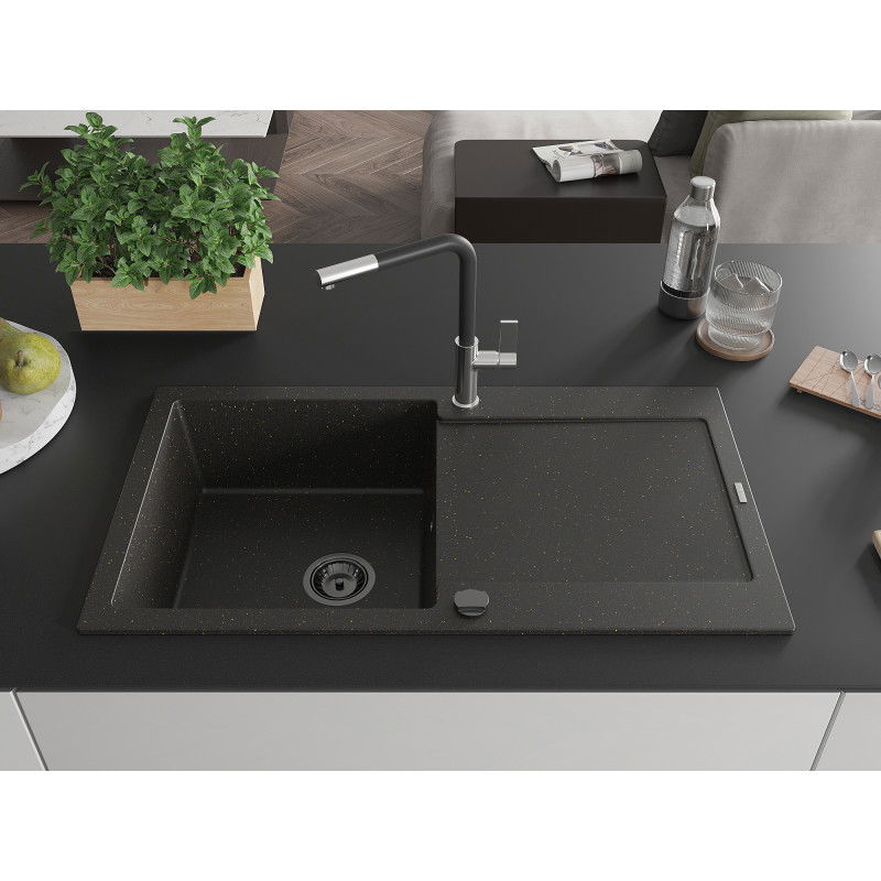 Mexen Leo granite kitchen sink with 1 basin, drainer and Flora kitchen tap, black/gold metallic - 6501-75-670401-07-B