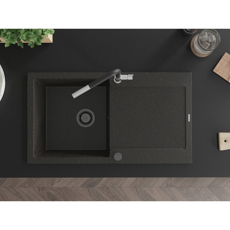 Mexen Leo granite kitchen sink with 1 basin, drainer and Flora kitchen tap, black/gold metallic - 6501-75-670401-07-B