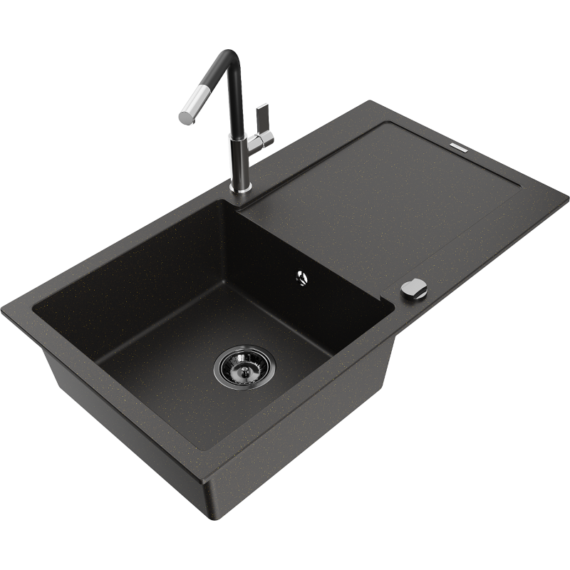 Mexen Leo granite kitchen sink with 1 basin, drainer and Flora kitchen tap, black/gold metallic - 6501-75-670401-07-B