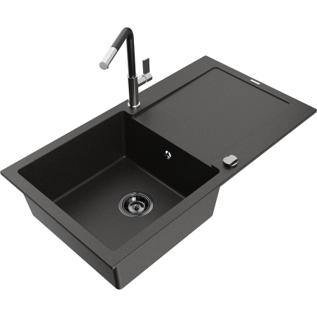 Mexen Leo granite kitchen sink with 1 basin, drainer and Flora kitchen tap, black/gold metallic - 6501-75-670401-07-B